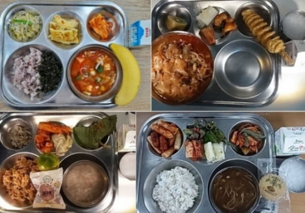 제주도의회 현지홍 의원이 공개한 제주도내 4개 초등학교 급식 사진. 짬뽕 등 매운 음식이 포함되어 있으며 유치원생들도 먹는다고 설명했다.