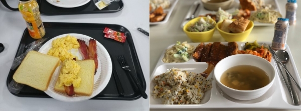 SNS에 게시된 상반된 평창동계올림픽 급식의 모습. 오른쪽은 매우 풍성한 급식인 반면 왼쪽은 부실한 급식으로 보여서 인터넷상에서는 논란이 벌어지기도 했다.